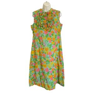 Vintage L'aiglon 1960's Floral Shift Dress Ruffle Sleeveless Spring Summer S M